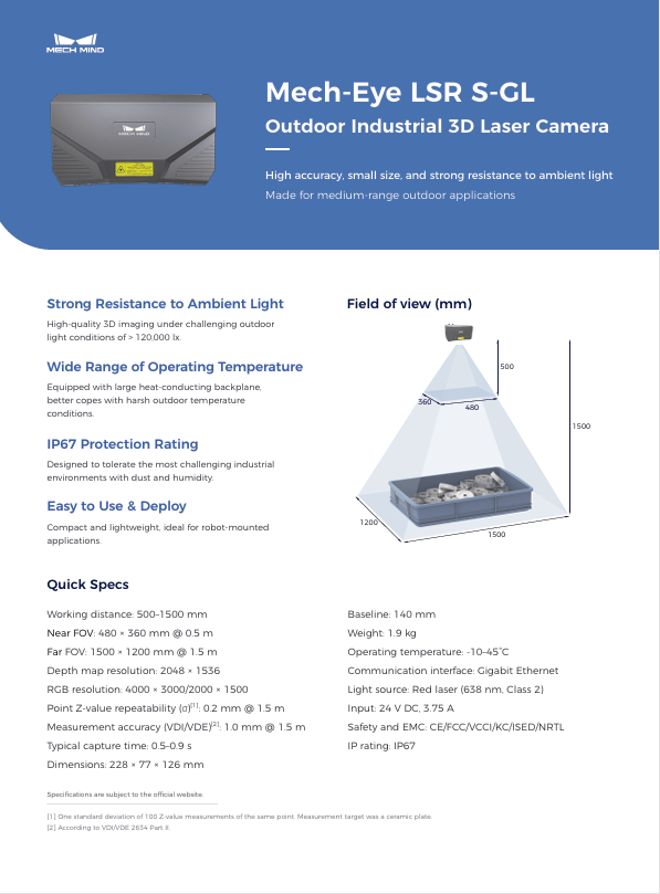 Mech-Eye LSR S-GL Outdoor Industrial 3D Laser Camera
