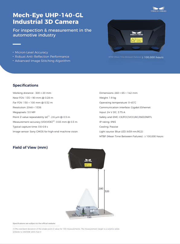 Mech-Eye UHP-140-GL Industrial 3D Camera with Micron-Level Accuracy