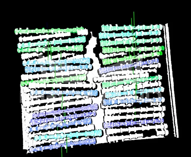 AI + 3D Vision-Guided Machine Tending of Camshafts from a Deep Bin